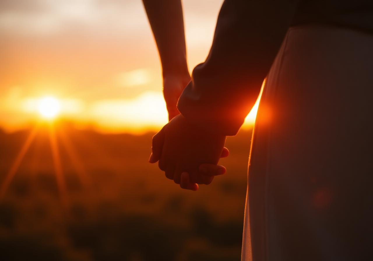 Casal de mãos dadas ao pôr do sol